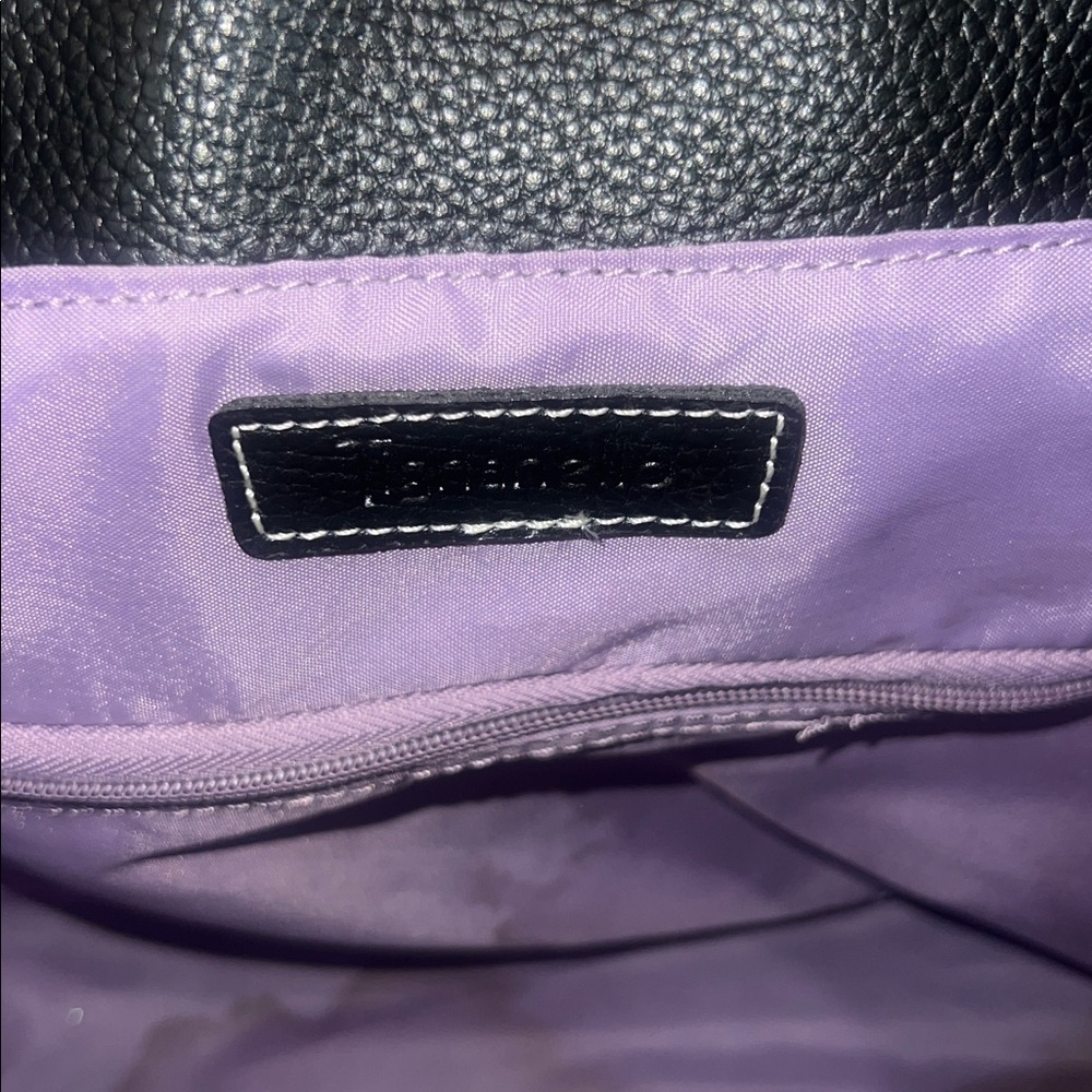 Designer-Inspired Black Tote with Purple and Red Stripe Accents - Picture 8 of 12